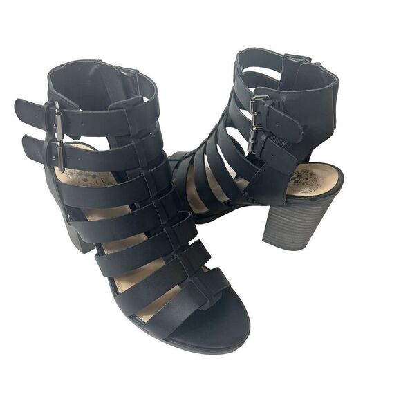 Vince Camuto Womens 7.5M Black Leather High Heels Ankle Wrap Zip Open Toe Sandal - Picture 1 of 11